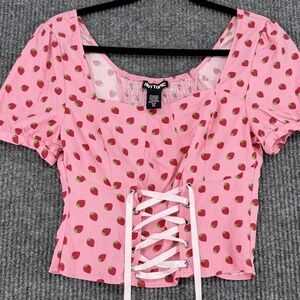 Hot Topic Strawberry Corset Top Womens S Puff Sleeve Pink Coquette Y2K Lace Up